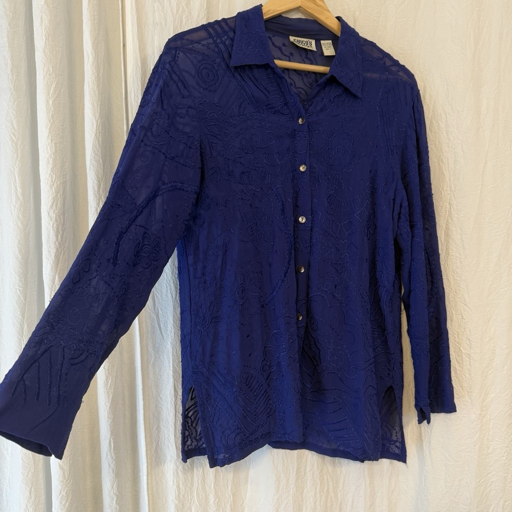 Chicos Womens Size 1‎ (Medium) Sheer Top Blue Long Sleeve Button Up Embroidered
